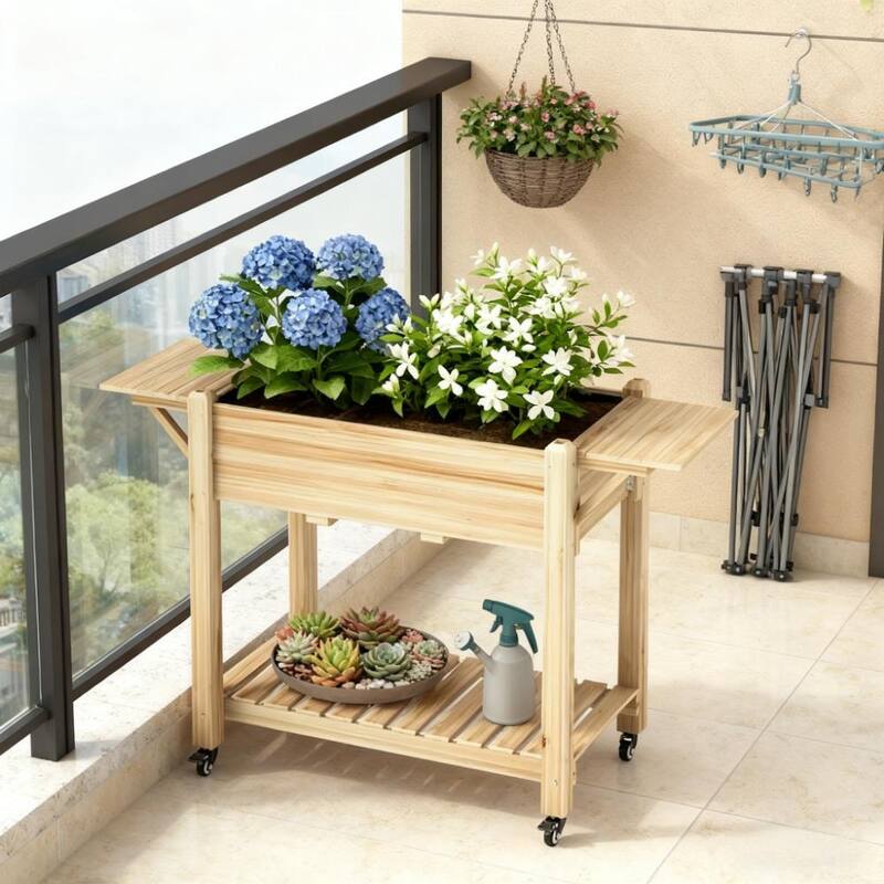 Planter Box Caster Wheel & Storage Shelf, Drain Hole, Solid Fir Wood