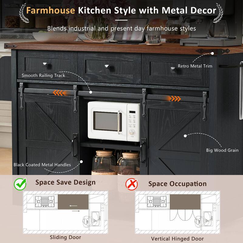 53.7" Farmhouse Kitchen Island with Power Outlet, 2 Sliding Barn Door Kitchen Storage Island with Drop Leaf