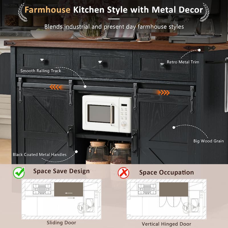 Sliding Barn Door Kitchen Island on Wheels w/ Drop Leaf & Power Outlet