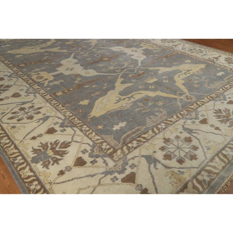 Gray Oushak Indian Large Rug Handmade Gray Floral Wool Carpet - 11'10" x 14'9"