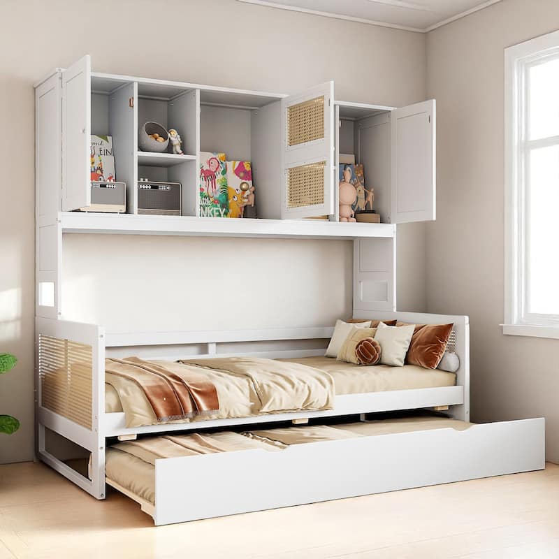 Wooden Twin/Full Daybed with Trundle Bed, Storage Shelves and Cabinet, No Box Spring Required, Rattan Design