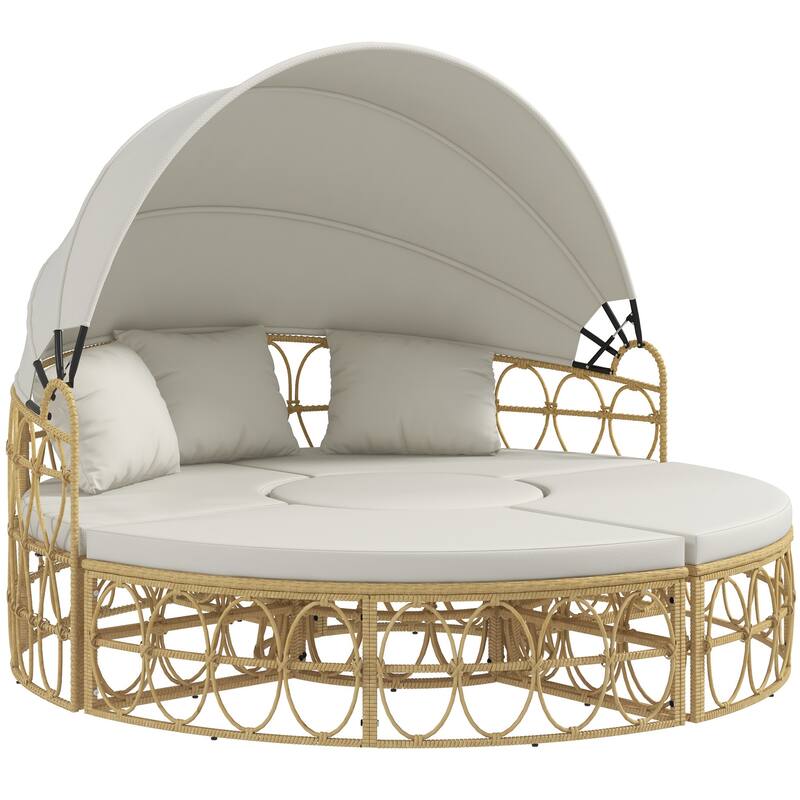 Outsunny Patio Furniture Set, Round Outdoor Daybed with Retractable Canopy, Hollow Wicker PE Rattan Sectional Sofa