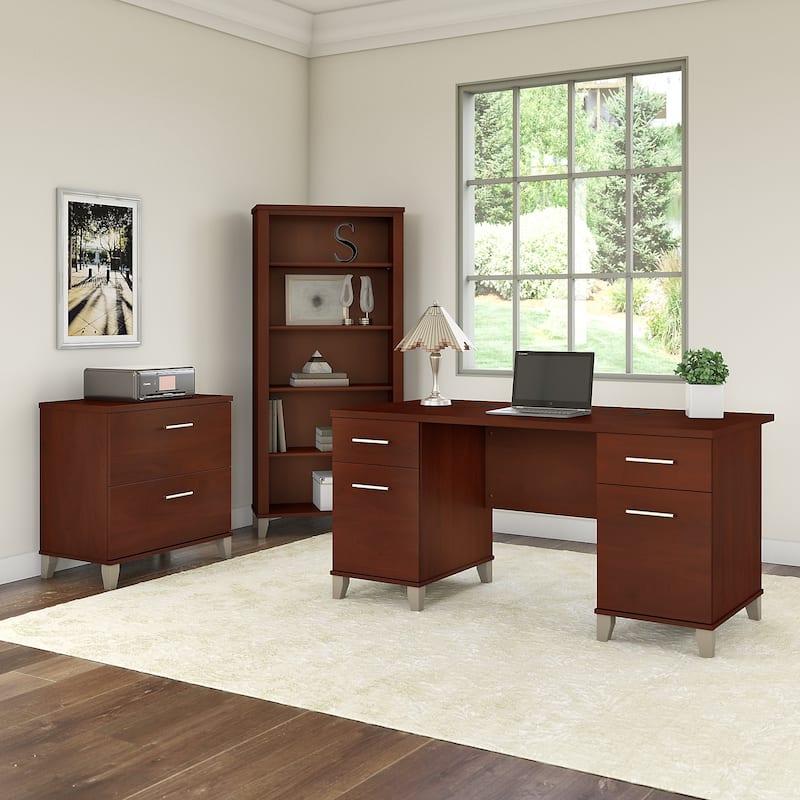 Somerset 60W Office Desk with Cabinet and 5 Shelf Bookcase - Hansen Cherry