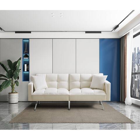 Futon Sofa with 2 Pillows and 3-Angle Adjustable Backrest, Couch with Square Arms and Metal Legs, 74"x34.2"x30.7"H, Beige