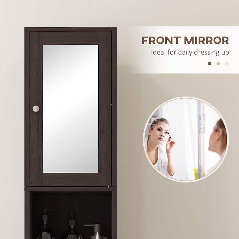 kleankin Tall Bathroom Storage Cabinet with Mirror, Wooden Freestanding Tower Cabinet with Adjustable Shelves for Bathroom