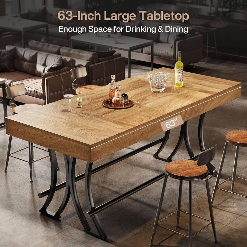63 Inches Engineered Wood Bar Table, Rectangular Home Bar Unit with Metal Footrest