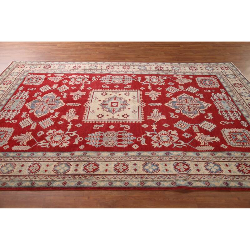 Red Geometric Kazak Living Room Area Rug Hand-Knotted Wool Carpet - 6'7" x 10'1"