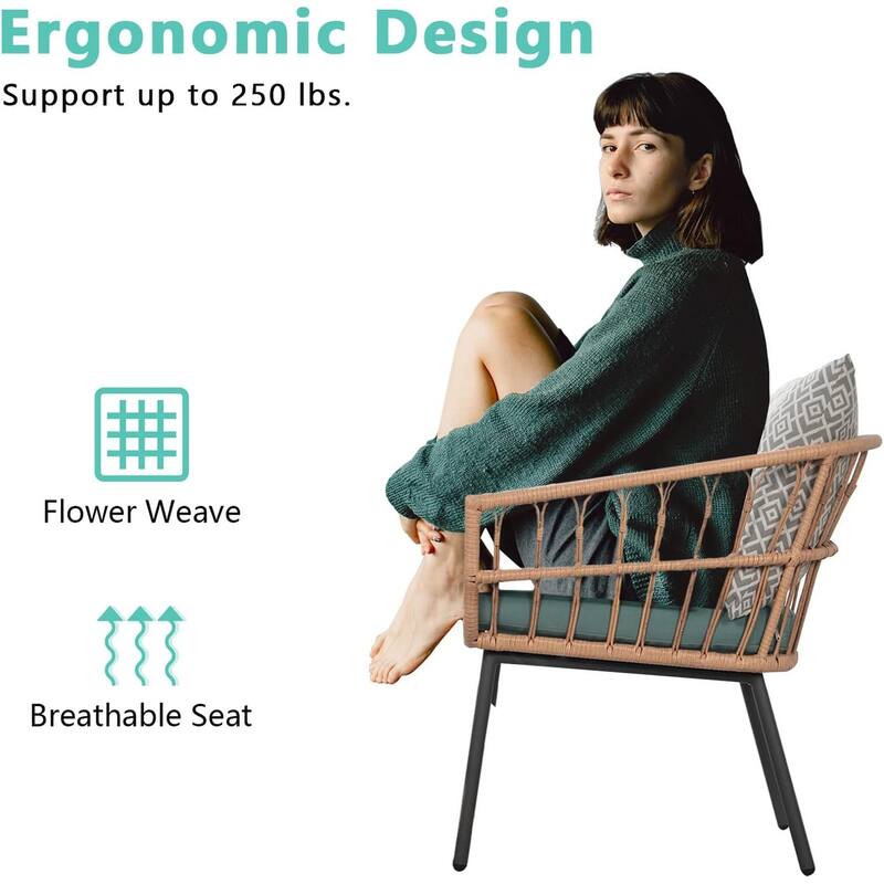 3 Piece Patio Furniture Outdoor Conversation Bistro Set with Tempered Coffee Table and Wicker Chairs for Garden Balcony Backyard