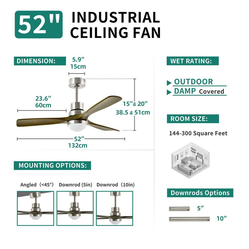 Moasis 52 inch Walnut Wood Ceiling Fan Light with Remote Control,LED 3-Color Adjustable - 52"