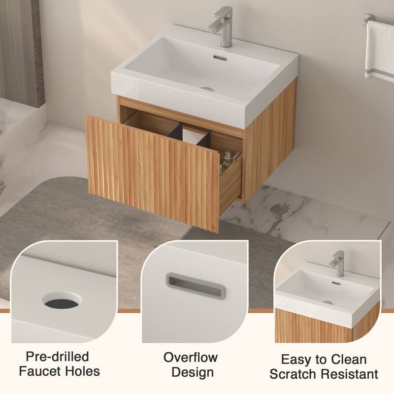 GDF Studio - Alexender Minimalist Design Wall-Mounted Floating Bathroom Vanity with Integrated Basin and Beveled-Edge Handles