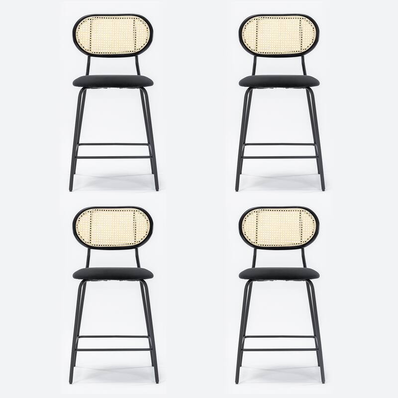 Metal Frame Rattan Counter Height Bar Stools With Faux Leather Seat (set of 4)