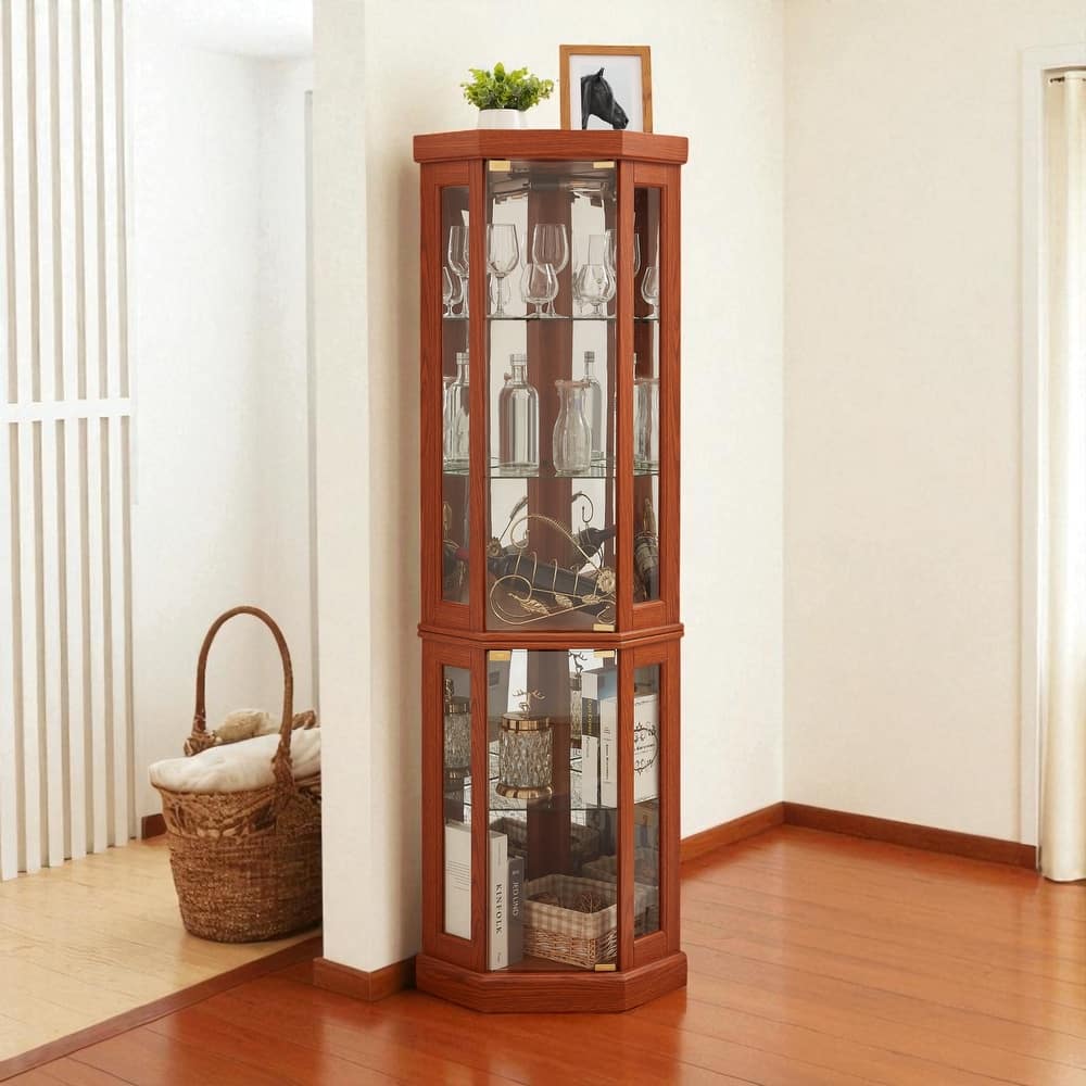 Corner Lighted Glass Curio Cabinet with Adjustable Shelves, Mirrored Back and Display Doors