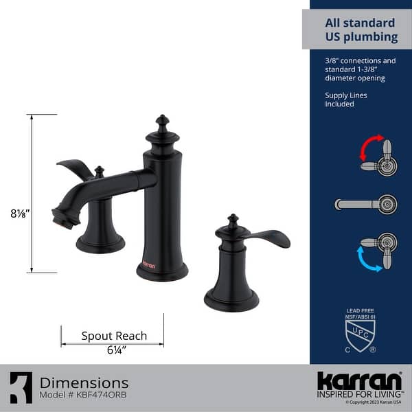 dimension image slide 0 of 4, Karran Vineyard KBF474 2-Handle Three Hole Widespread Bathroom Faucet with Matching Pop-up Drain