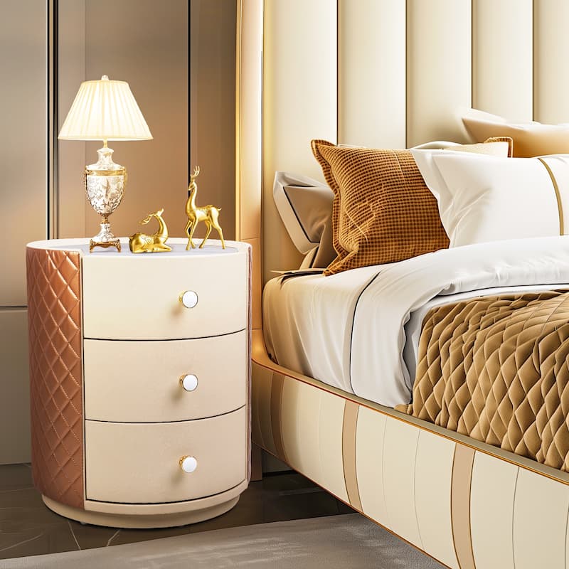 Round Bedroom Nightstand Bedside Table with 3 Drawers No Assembly Storage Unit