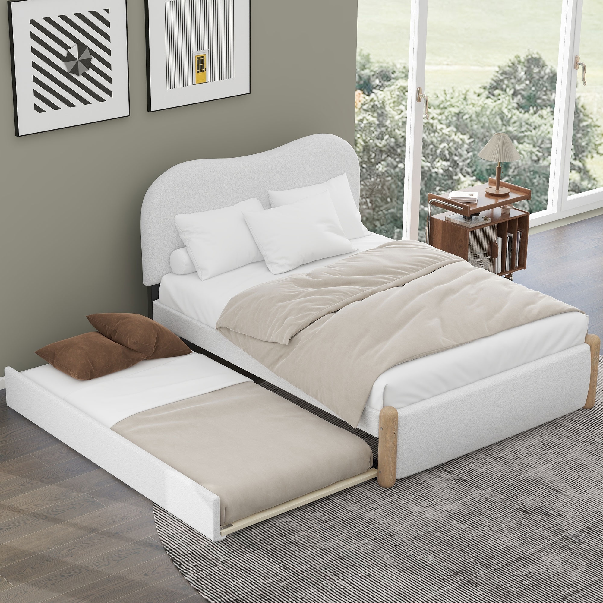 Upholstered Platform Bed with Cloud-Shaped Headboard and Twin Size Trundle