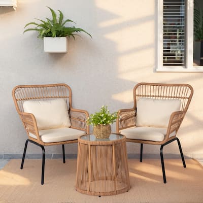 3 Piece Outdoor Wicker Conversation Bistro Set, All-Weather Rattan Furniture Patio Chairs Set with Cushions