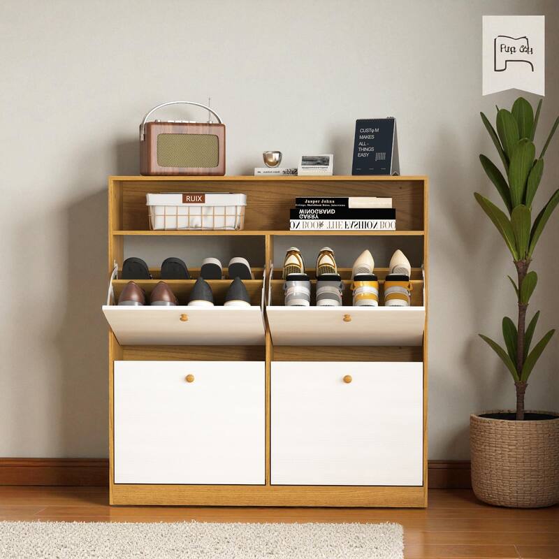 39.4" Shoe Storage Cabinet with 4 Flip Drawers, Large Freestanding Entryway Shoe Organizer with Wooden Handles and Anti-Tip Kit
