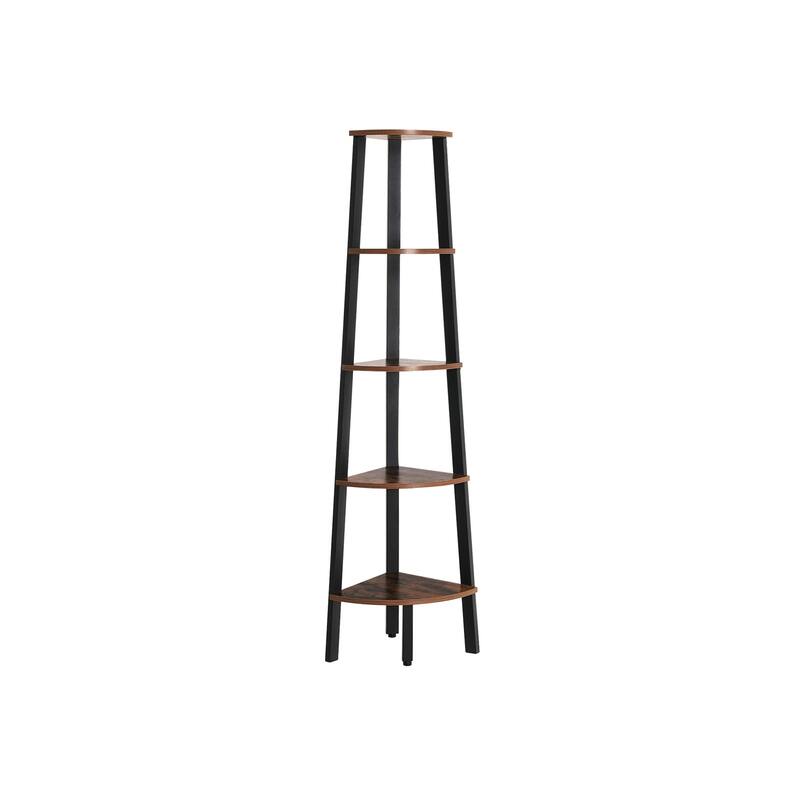 Industrial Corner Shelf, 5-Tier Bookshelf, Plant Stand, Wood Look Accent Furniture with Metal Frame, Rustic Brown