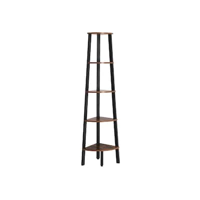 Industrial Corner Shelf, 5-Tier Bookshelf, Plant Stand, Wood Look Accent Furniture with Metal Frame, Rustic Brown