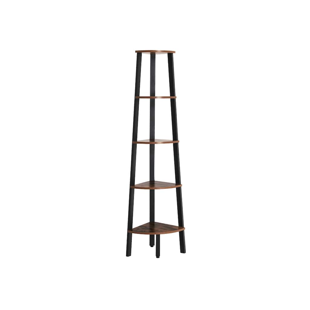 Industrial Corner Shelf, 5-Tier Bookshelf, Plant Stand, Wood Look Accent Furniture with Metal Frame, Rustic Brown