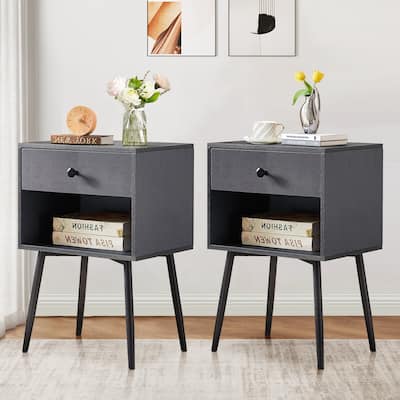 Javlergo Mid-century Modern Nightstand Set of 2 for Bedroom with Storage Drawer and Shelf, Small Side End Table for Living Room