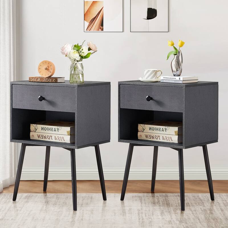 VECELO, (Set of 2) Modern 1-Drawer Brown/Grey Nightstand with Storage Shelf