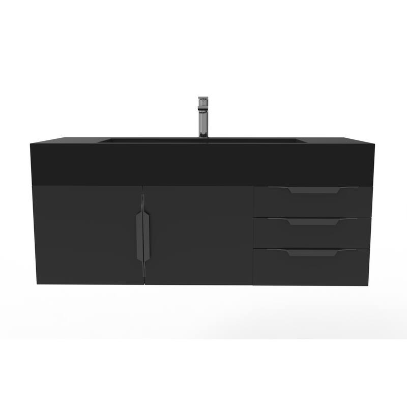 Nile 48" Wall Mounted Bathroom Vanity Set w/ Black Top - Black - Matte