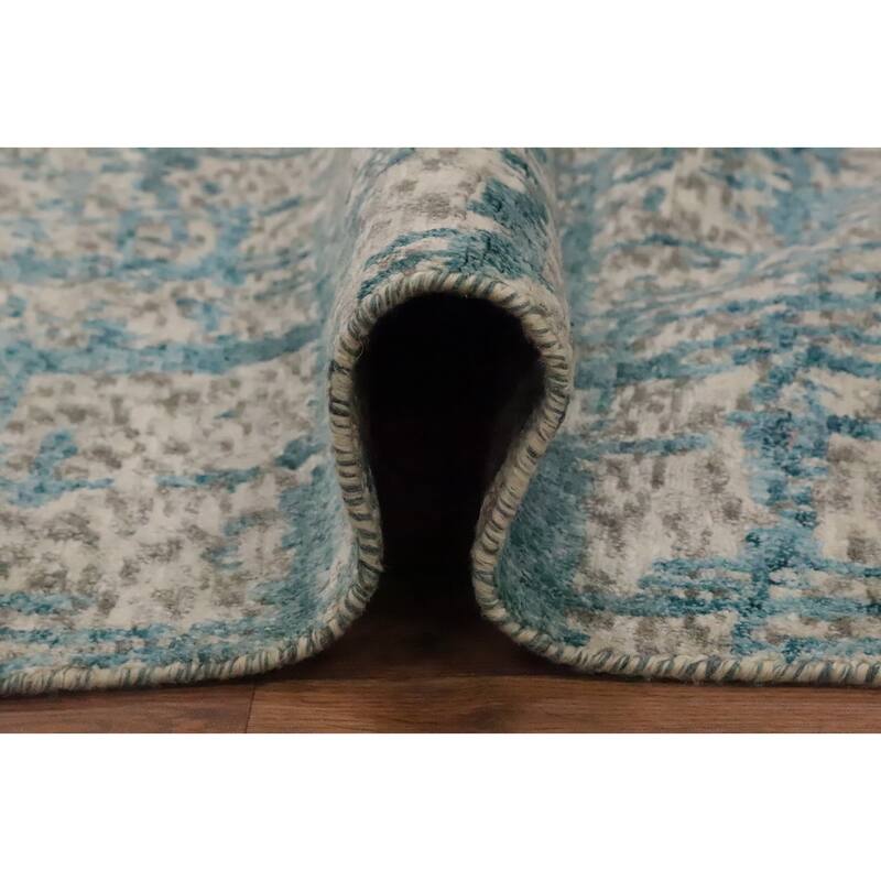 Hand Knotted Oriental Wool & Silk Carpet Modern Abstract Navy Blue & Blues Nepalese Area Rug - 10' 2'' X 6' 3''