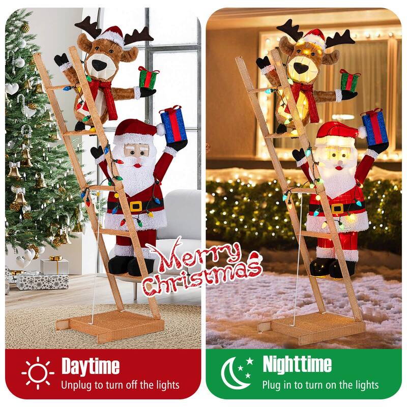 Costway 5.5 FT Lighted Reindeer & Santa Claus on Ladder with 100 LED - as pic shows - See Details