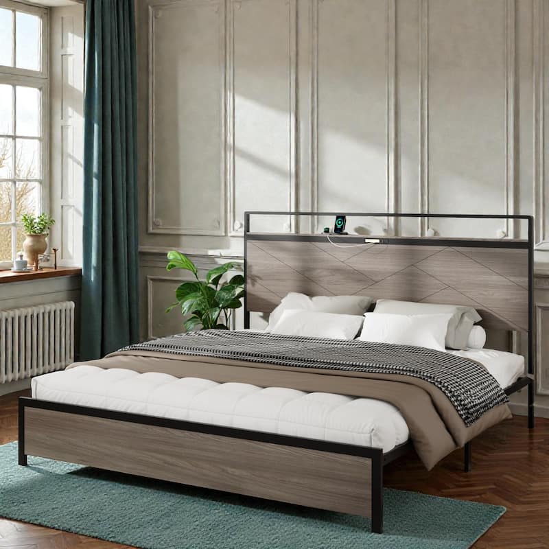 Modern Metal Platform Bed Frame with Wood Headboard LED Lights, USB & Type-C Charging Station, Large Underbed Storage