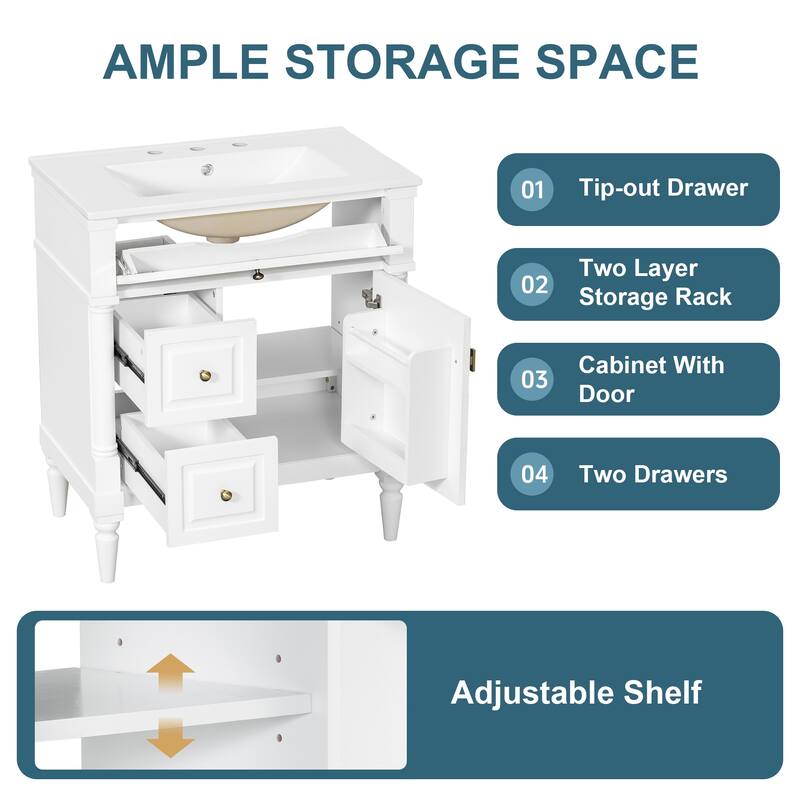 Roomfitters 30" Bathroom Vanity with Sink, Solid Wood Frame, Flip Drawer, 2 Drawers & Door Rack
