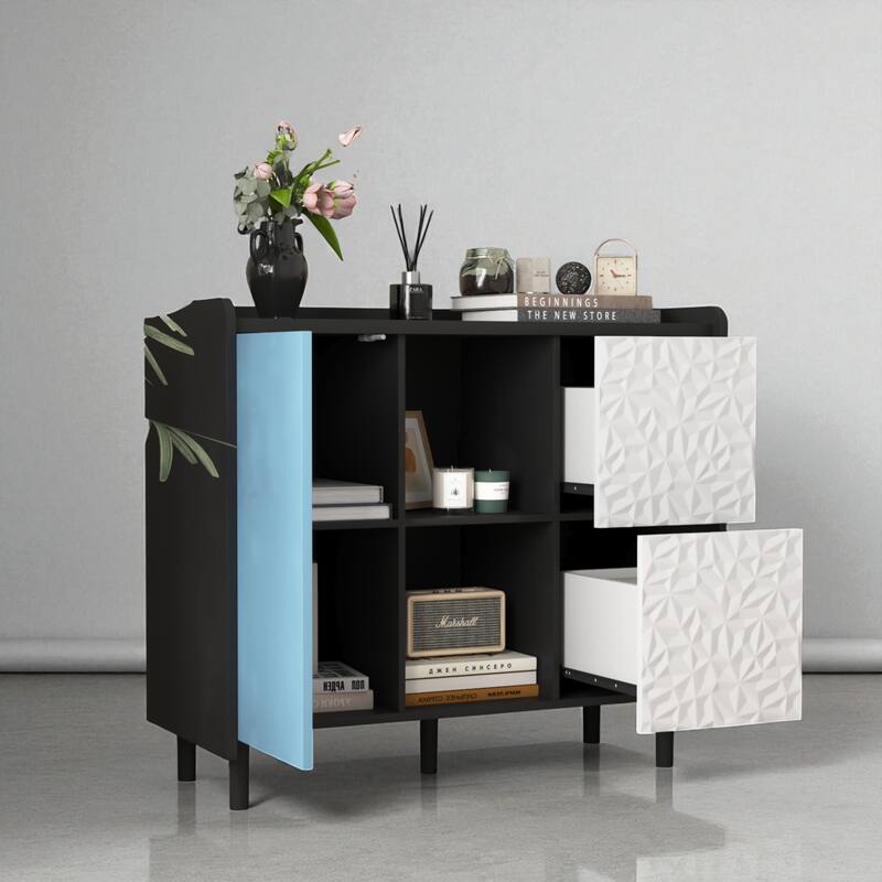 35" Modern Black Buffet Storage Cabinet with Unique Drawer Panels, 2 Doors and Open Shelves, Accent Sideboard