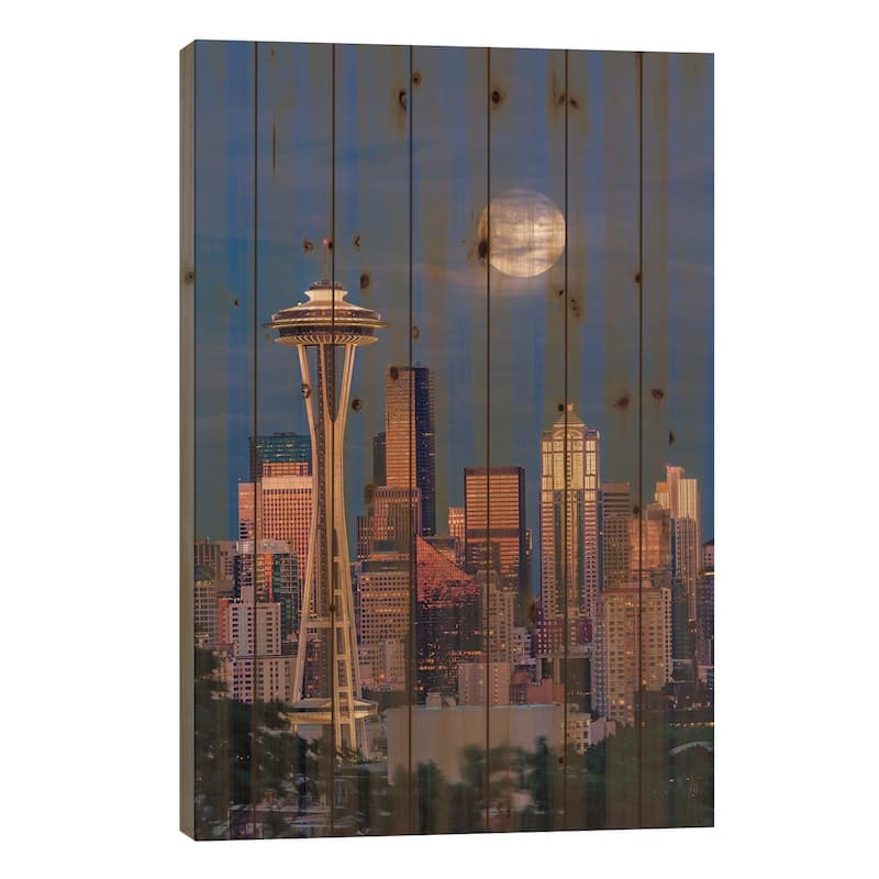 Seattle Skyline And Super Moon At Dusk, Seattle, Washington State Print On Wood by Adam Jones - Multi-Color - 26x18x1.5
