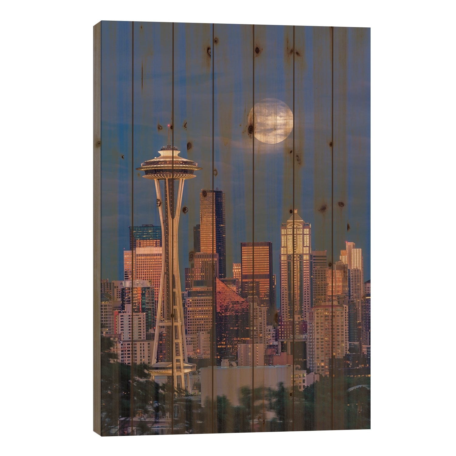 Seattle Skyline And Super Moon At Dusk, Seattle, Washington State Print On Wood by Adam Jones - Multi-Color
