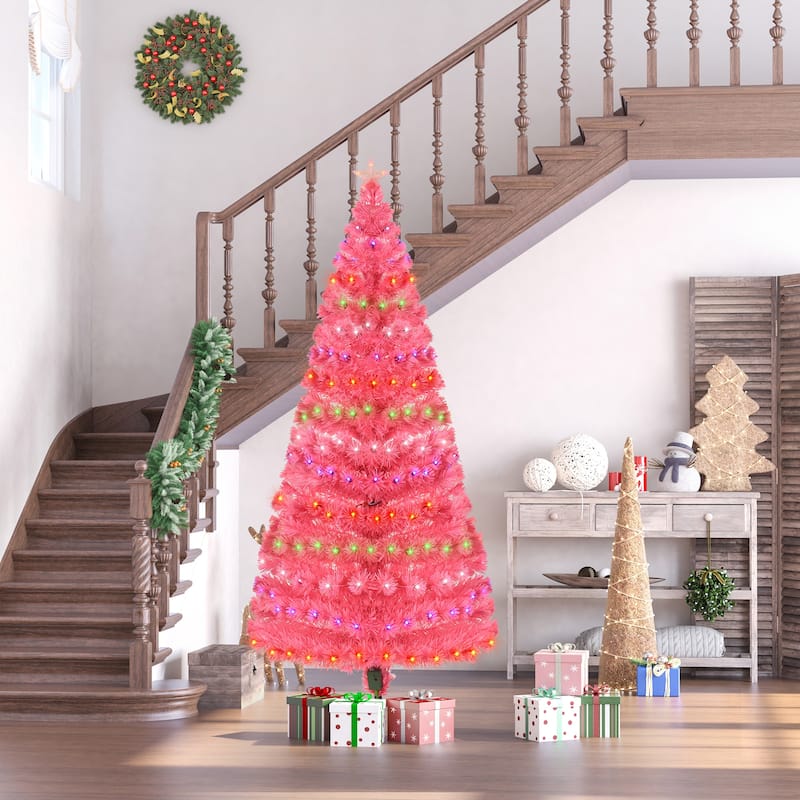 HOMCOM 6 ft. Prelit Artificial Christmas Tree with Stand, Colored Christmas Tree - Pink
