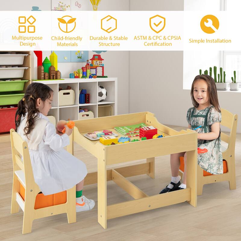 Gymax Children Kids Table Chairs Set With Storage Boxes Blackboard