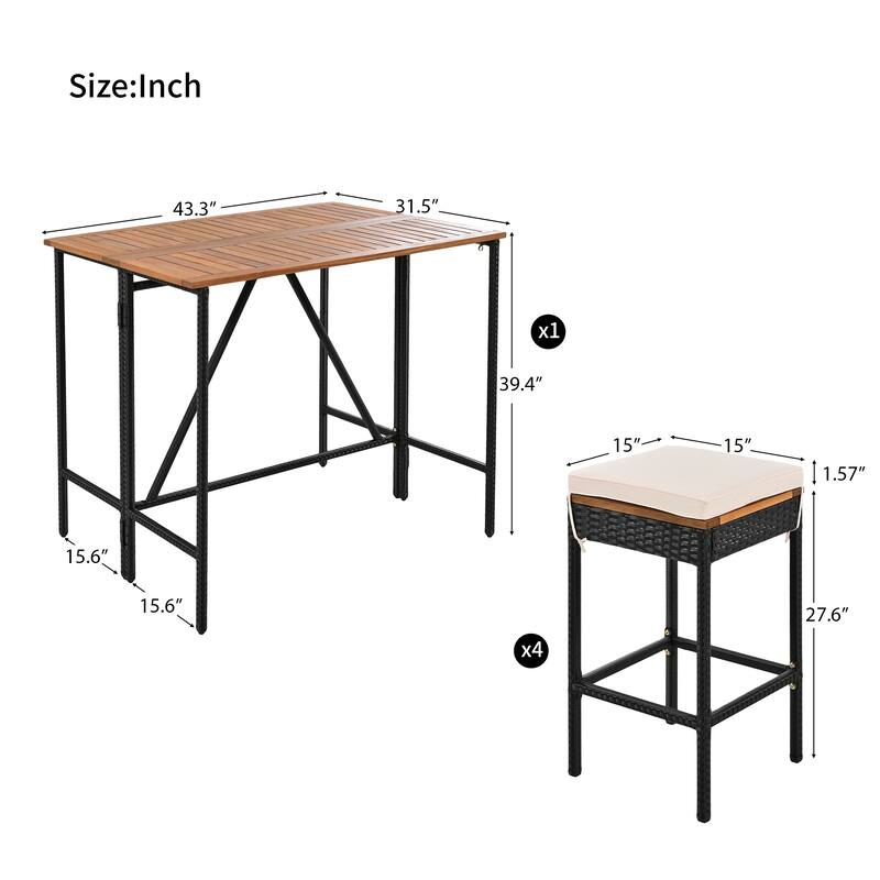 5-Piece Outdoor Patio Counter Height Foldable Dining Set with 4 Cushioned Stools, Acacia Wood Foldable Table