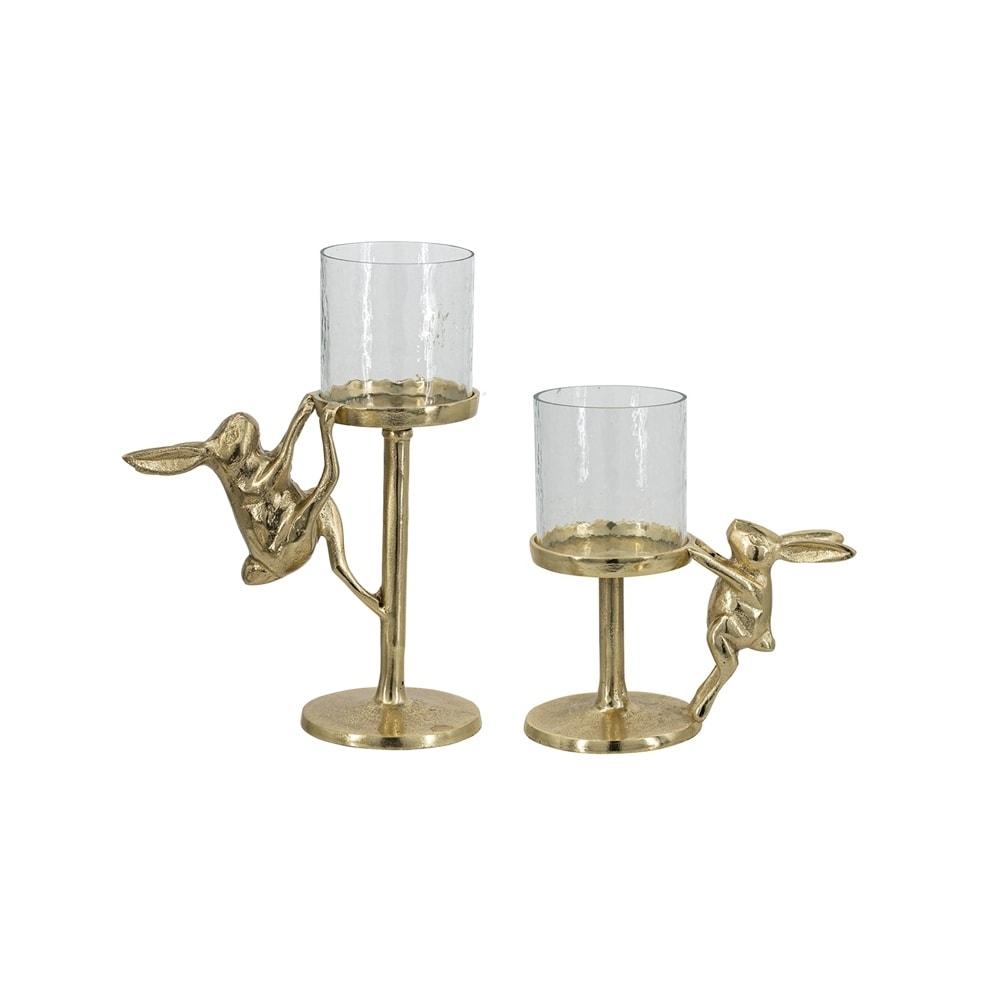 Set of 2 Gold Rabbit Pillar Candle Holder with Clear Glass Hurricane Shade, S:7x4x7.5" L:7.9x4x11"