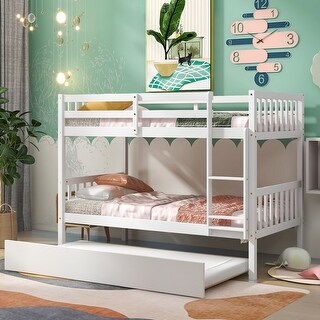 White Twin Over Twin Solid Wood Bunk Beds with Trundle, Safety Rail, Ladder, and Guardrails, Converts to 2 Beds