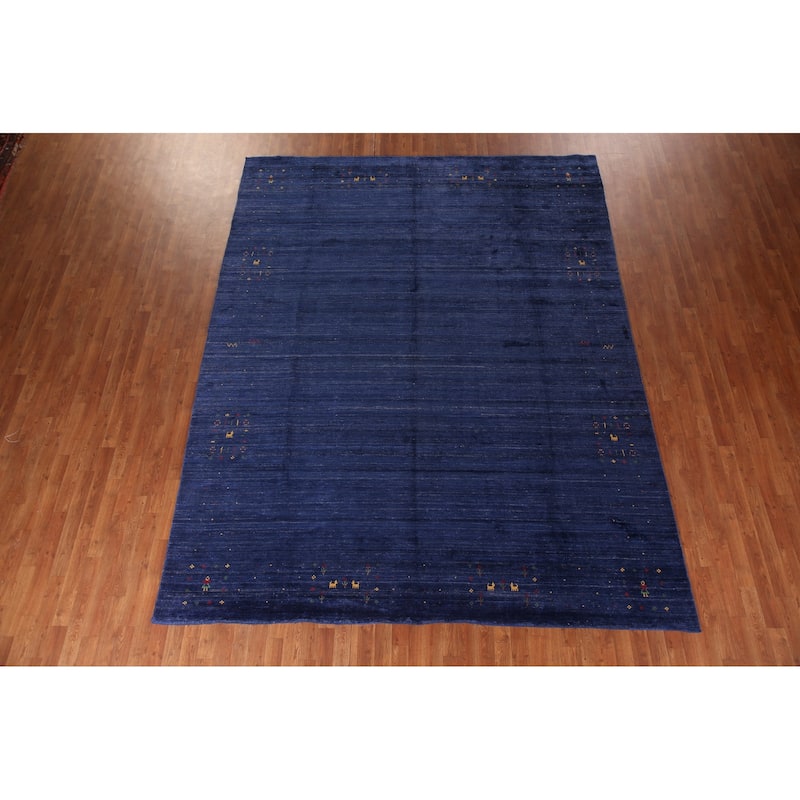 Blue Striped Gabbeh Oriental Area Rug Handmade Silk Carpet - 8'10" x 11'5"