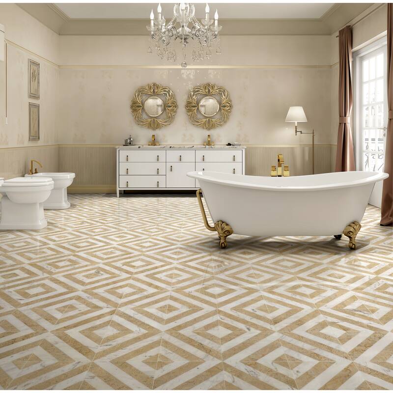 12*12 Waterjet marble, natural marble, for floor and wall, polished marble tile, natural stone, real marble, 1 box 8 pcs - White+Gold
