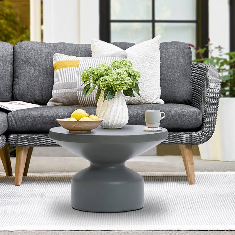 Grey MgO Round Coffee Table, Indoors and Outdoors - 16.14" H x 24.21" W x 24.21" D