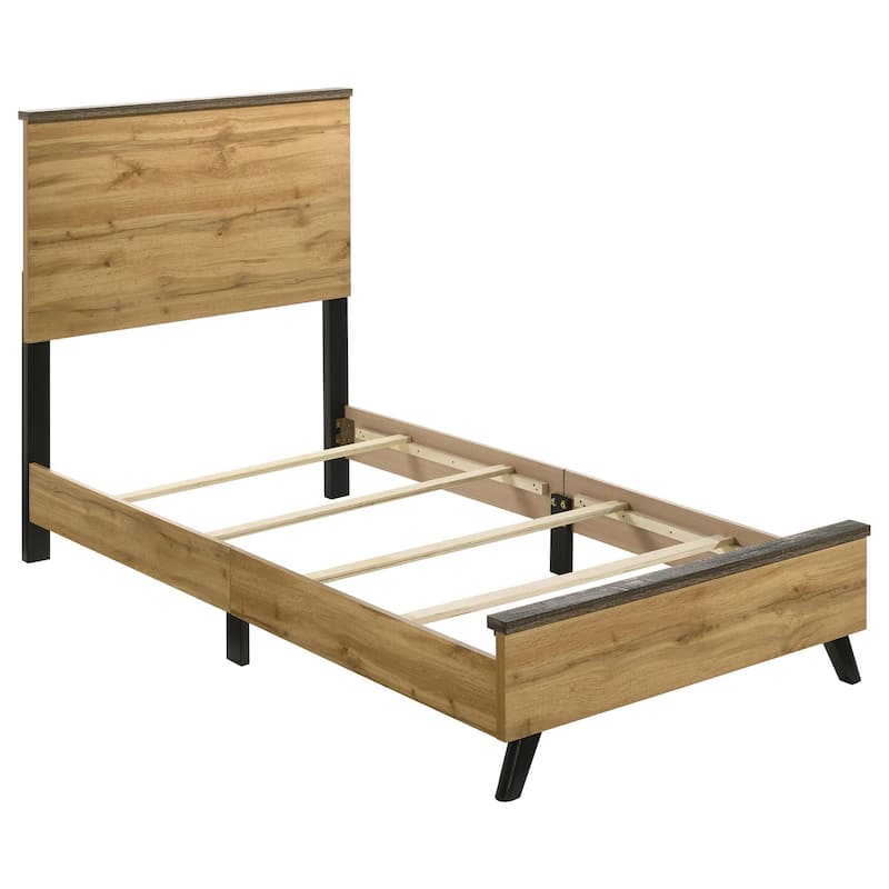 Wemy Twin Size Bed, Tall Panel Headboard, Natural Brown Pine Finish