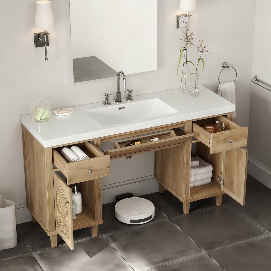 Christopher Knight Home - Aurelia Modern Solid Wood Legs Bathroom Vanity with Spacious Storage and Tip-Out Tray