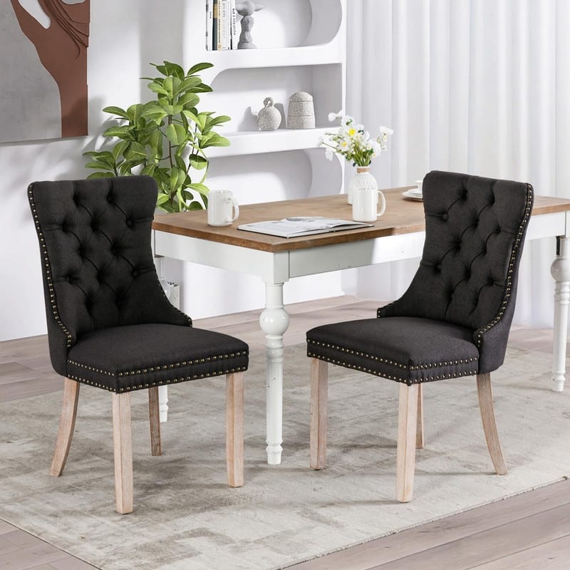 Tufted Naliheads Solid Wood Upholstered Dining Chairs (Set of 2) - Black LinenFabric