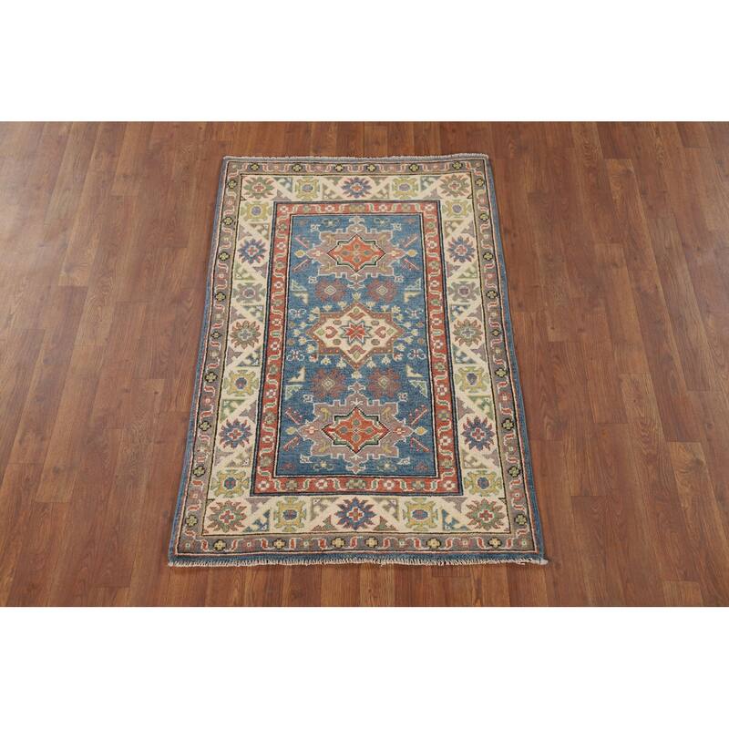 Blue Traditional Kazak Oriental Foyer Rug Hand-Knotted Wool Carpet - 2'8" x 4'3"