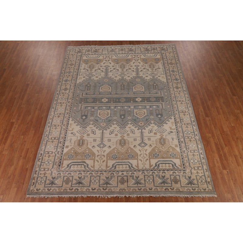 Geometric Khotan Indian Area Rug Hand-Knotted Beige Wool Carpet - 8'10" x 11'10"