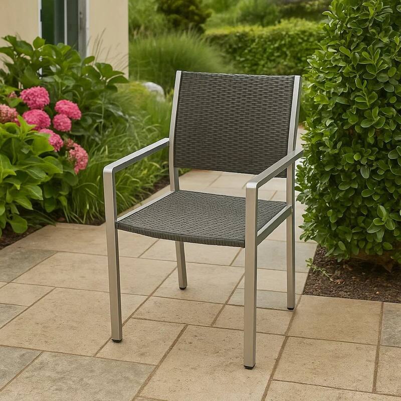 Kory Dining Chair Set of 2, Outdoor Woven Black Wicker Seat, Back, Gray