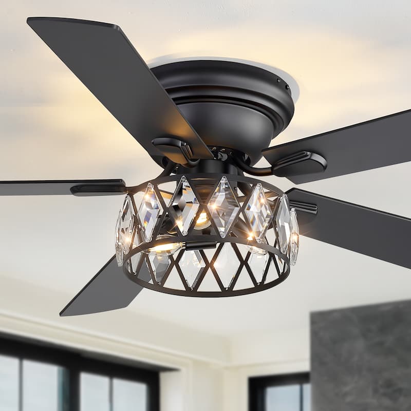 52" Flush Mount 5-Blade Modern Crystal Indoor Ceiling Fan with Light Kit and Remote - Black