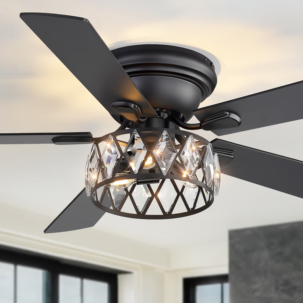 52" Flush Mount 5-Blade Modern Crystal Indoor Ceiling Fan with Light Kit and Remote